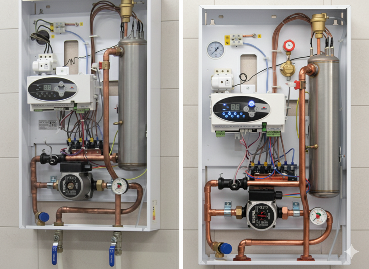 Мастер меняет блок ТЭНов на котле Kospel