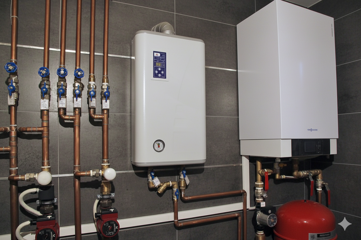 Мастер меняет циркуляционный насос на котле Kospel