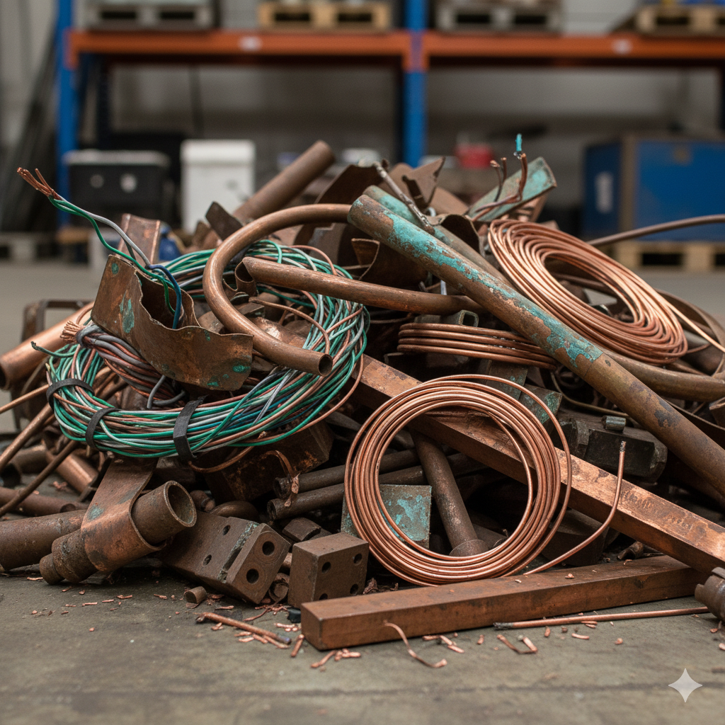 Работник принимает медный лом и взвешивает кабель