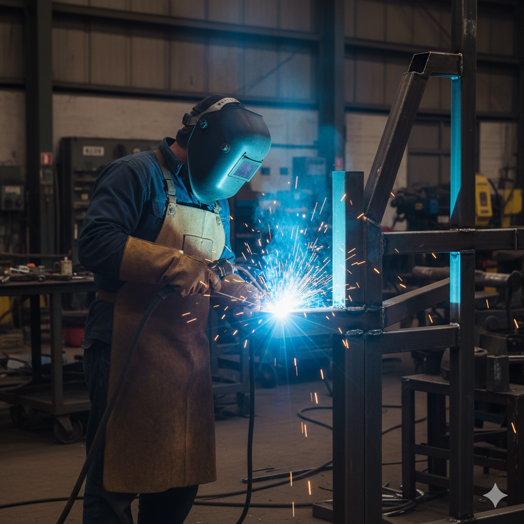 Сварщик выполняет сварочные работы в Алматы