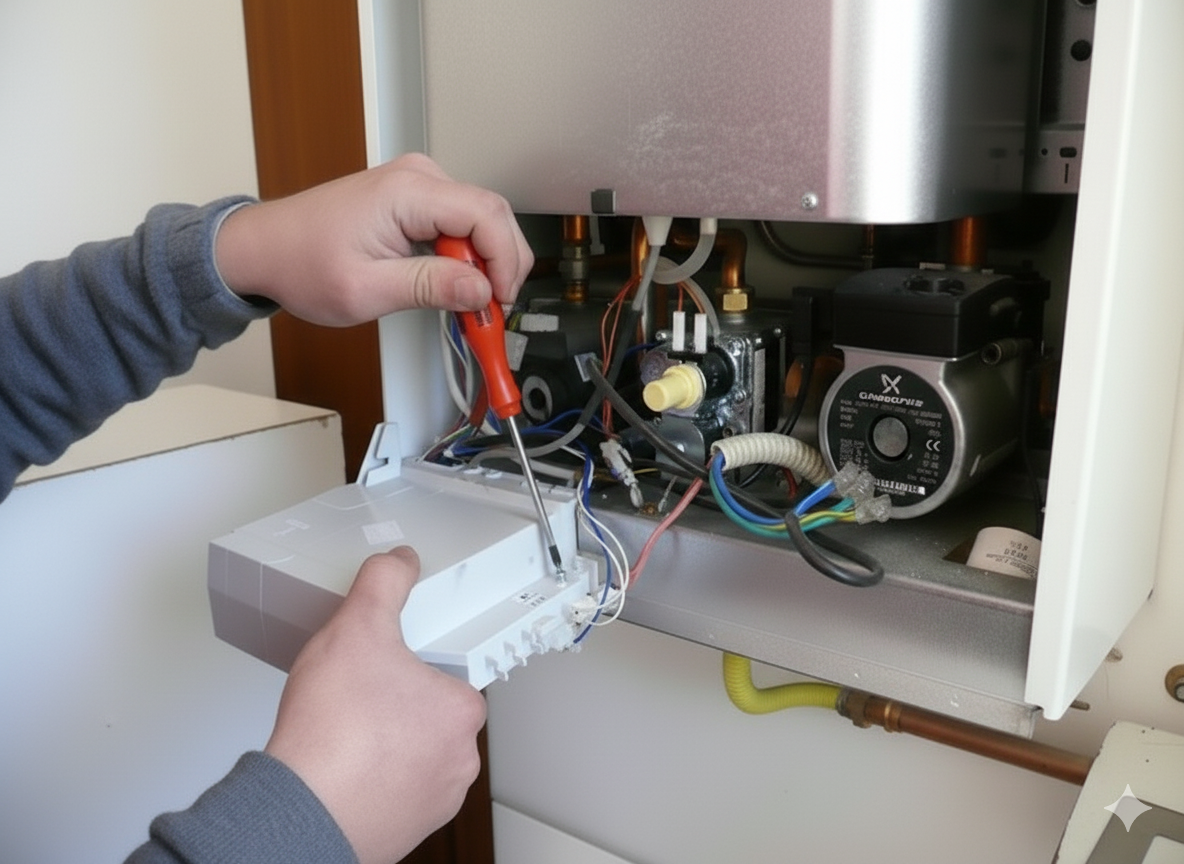 Мастер меняет циркуляционный насос на котле Ferroli