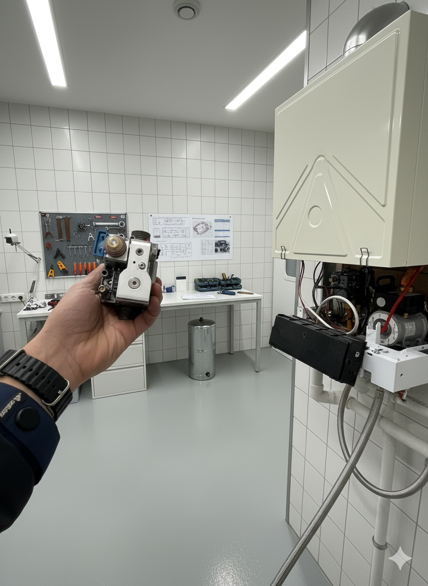 Мастер устраняет течь котла Viessmann Vitopend