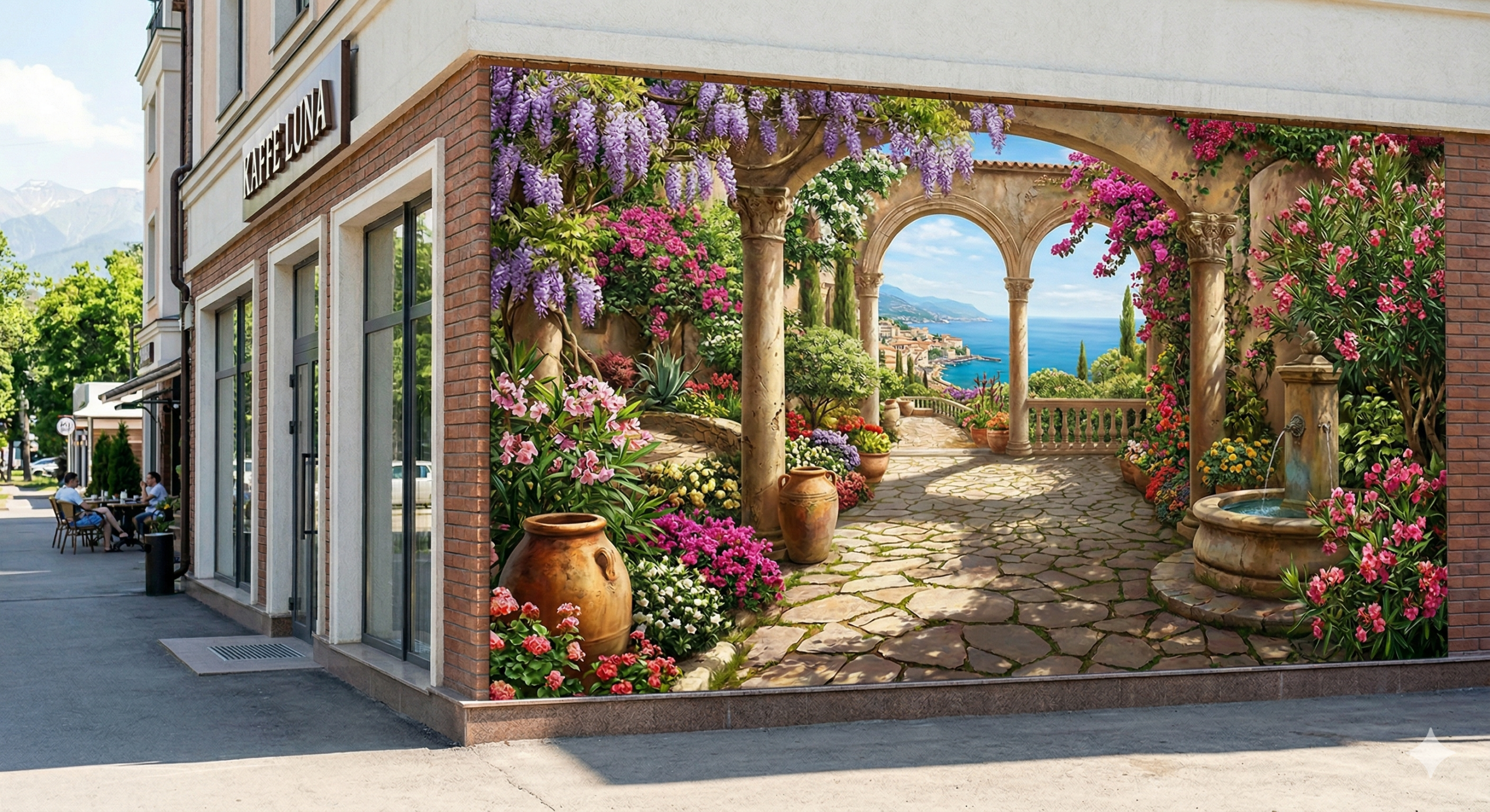 Экстерьерный мурал на фасаде кафе