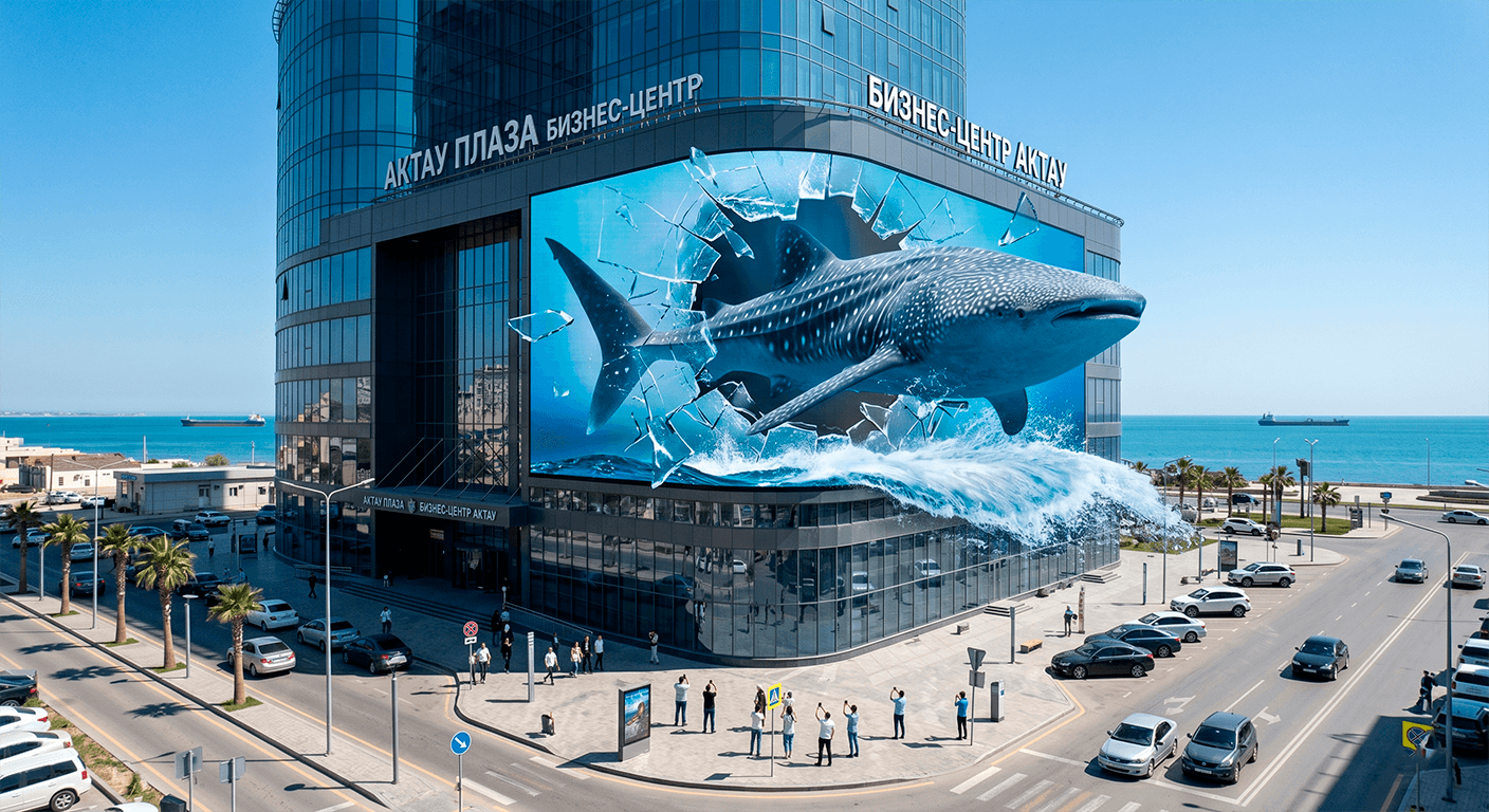 Угловой 3D-медиафасад LED Tao Outdoor Fixed на здании в Актау