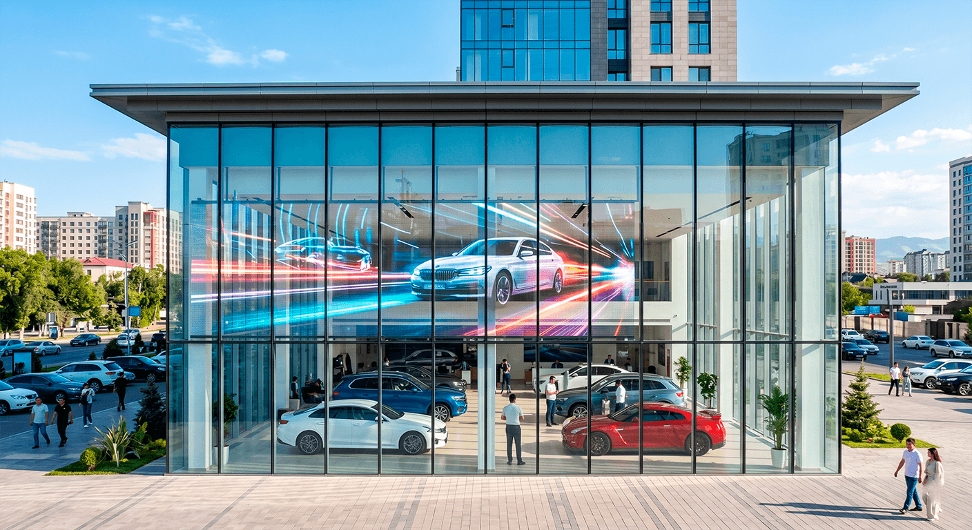 Прозрачные витрины автосалона Sansi KT в Шымкенте
