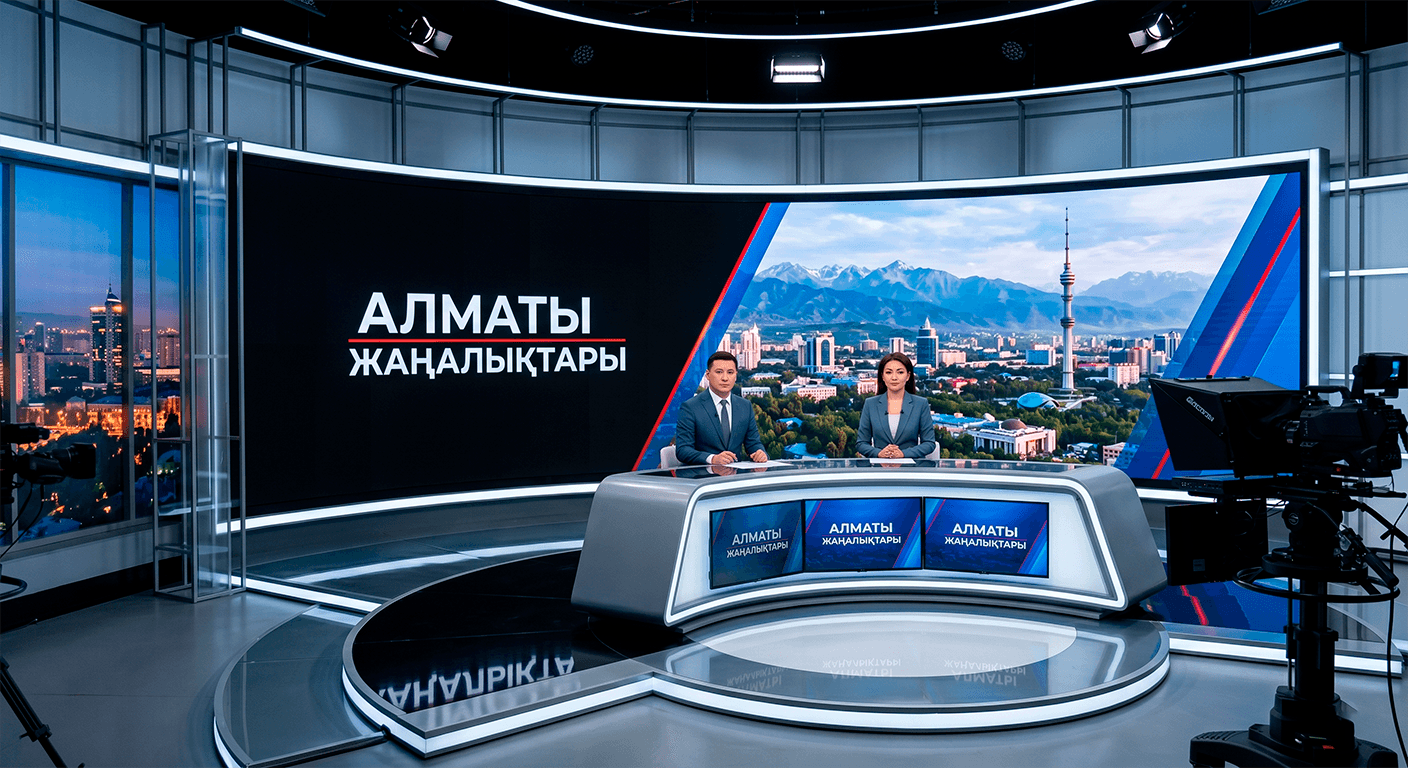 Главный экран новостной студии Barco XT в Алматы