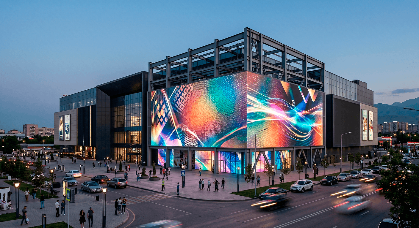 Уличный DOOH-медиафасад LianTronics Hercules II для ТРЦ в Шымкенте