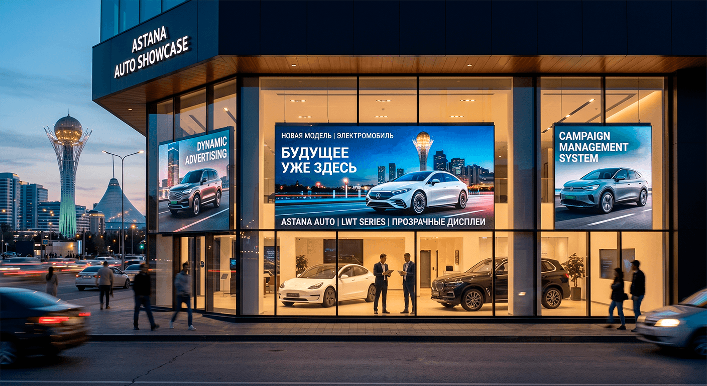 Прозрачный фасад автосалона LianTronics LWT3.9 в Астане
